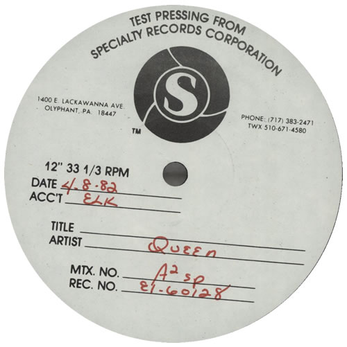 洋楽 Various - Test Pressing One Queen Hot Space - Specialty Records Corporation Test Pressing USA